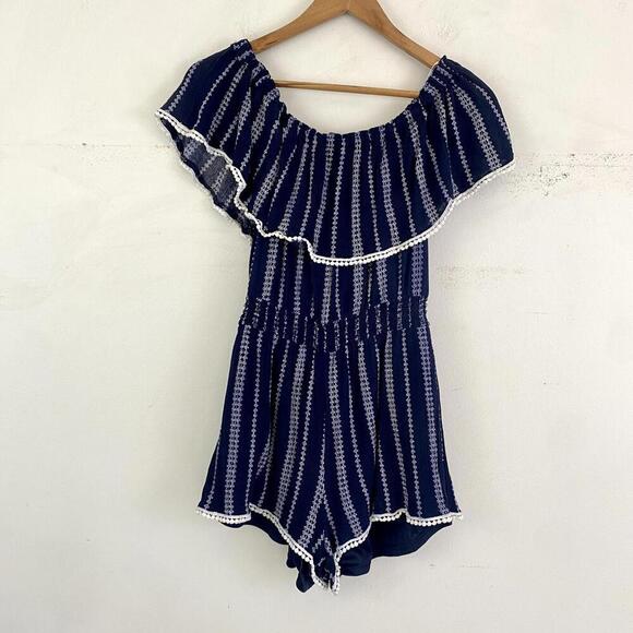 LULUS navy and white stripe boho off the shoulder romper - Picture 2 of 6